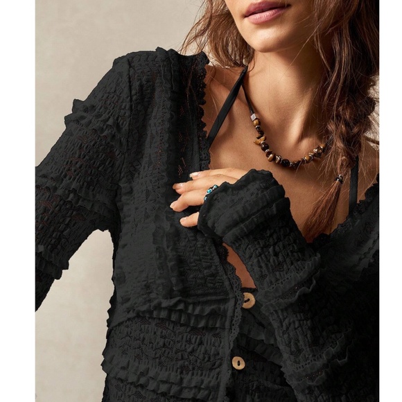 Boho Fitted Button Down Frill Ruffle Detail Long Sleeve top - Picture 10 of 12